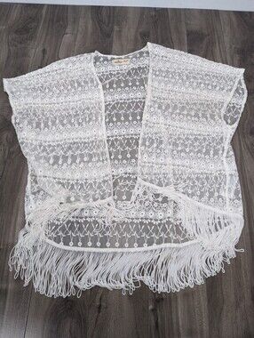Hollister Women's One Size White Lace Boho Kimono Fringe Top